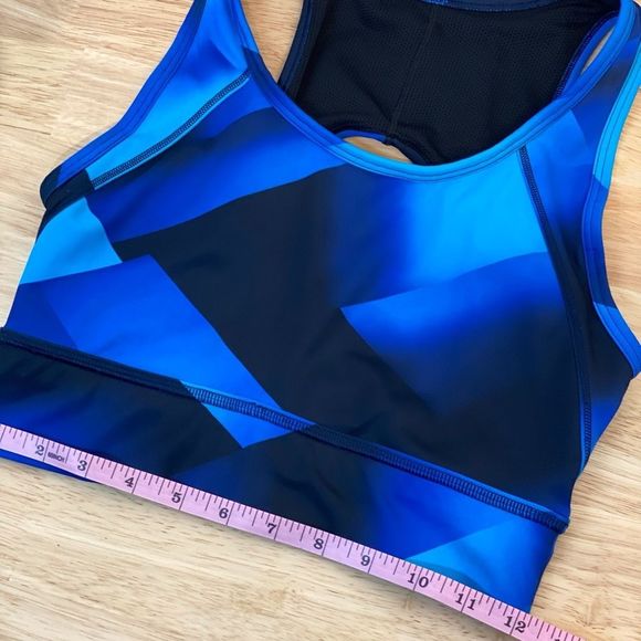 Athleta Sport Bra Keyhole Back‎ Reflective Logo Geometric Black Blue Size S - Picture 8 of 10